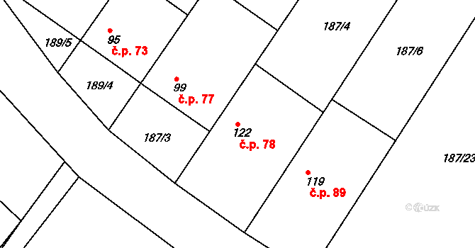 Platěnice 78, Moravany na parcele st. 122 v KÚ Platěnice, Katastrální mapa