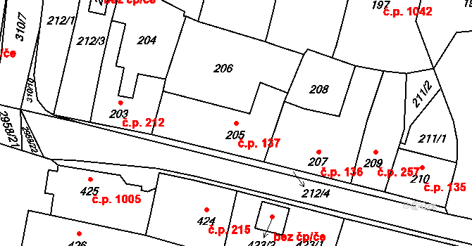 Mohelnice 137 na parcele st. 205 v KÚ Mohelnice, Katastrální mapa