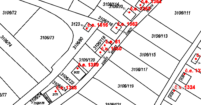 Kadaň 1360 na parcele st. 3106/23 v KÚ Kadaň, Katastrální mapa