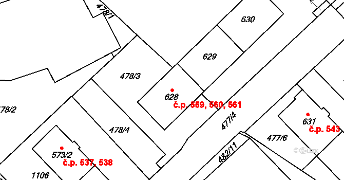 Chotěšov 559,560,561 na parcele st. 628 v KÚ Chotěšov, Katastrální mapa