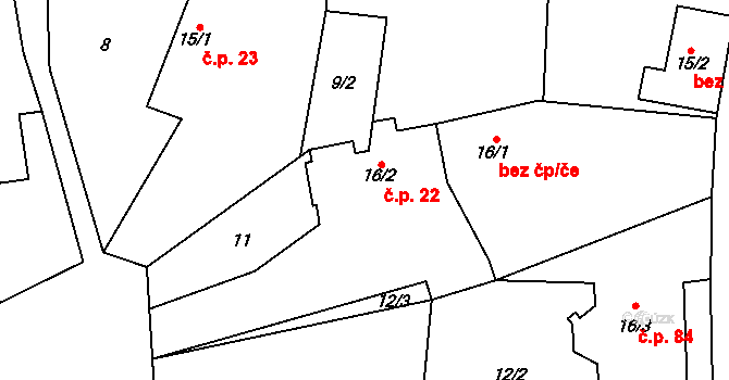 Jizbice 22 na parcele st. 16/2 v KÚ Jizbice u Nymburka, Katastrální mapa