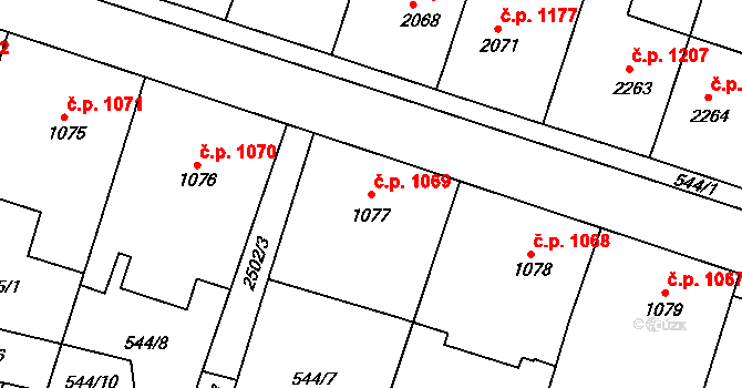 Kyjov 1069 na parcele st. 1077 v KÚ Kyjov, Katastrální mapa