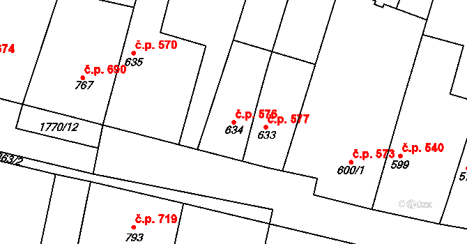 Libochovice 576 na parcele st. 634 v KÚ Libochovice, Katastrální mapa