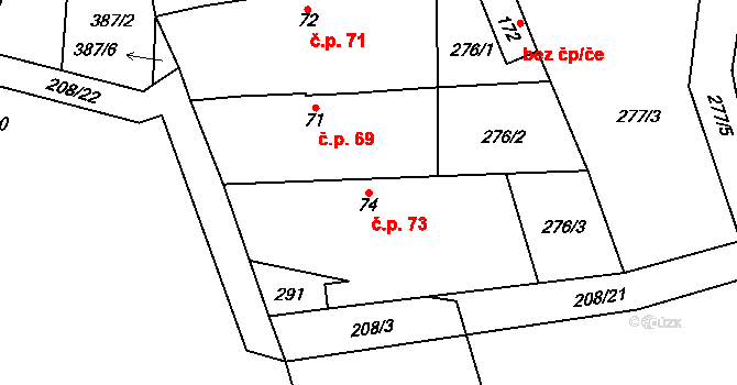 Přední Lhota 73, Poděbrady na parcele st. 74 v KÚ Přední Lhota u Poděbrad, Katastrální mapa