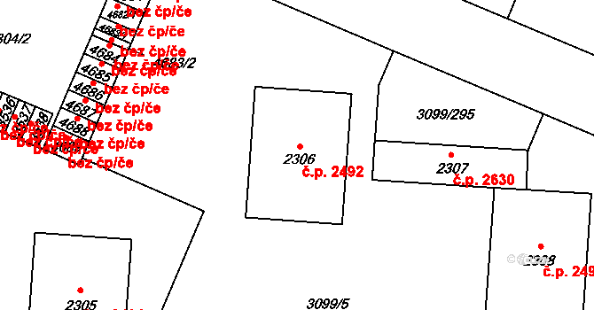 Břeclav 2492 na parcele st. 2306 v KÚ Břeclav, Katastrální mapa