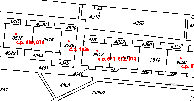 Komín 671,672,673, Brno na parcele st. 3517 v KÚ Komín, Katastrální mapa
