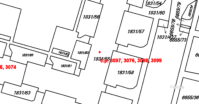 Frýdek 3076,3097,3098,3099, Frýdek-Místek na parcele st. 1831/55 v KÚ Frýdek, Katastrální mapa