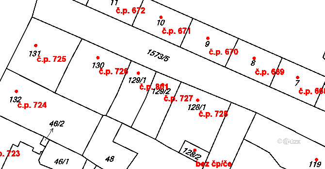 Litovel 727 na parcele st. 129/2 v KÚ Litovel, Katastrální mapa