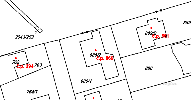 Slivenec 669, Praha na parcele st. 886/2 v KÚ Slivenec, Katastrální mapa