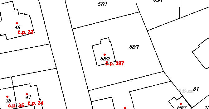 Lhotka 387, Praha na parcele st. 58/2 v KÚ Lhotka, Katastrální mapa