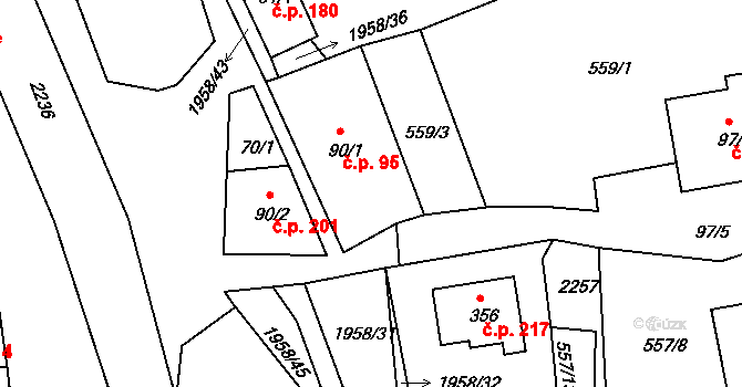 Rynoltice 95 na parcele st. 90/1 v KÚ Rynoltice, Katastrální mapa