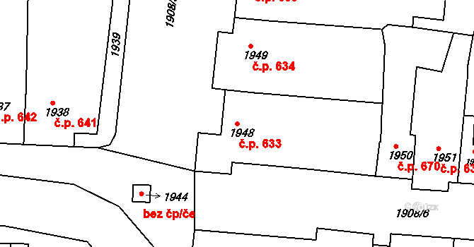 Újezd u Brna 633 na parcele st. 1948 v KÚ Újezd u Brna, Katastrální mapa