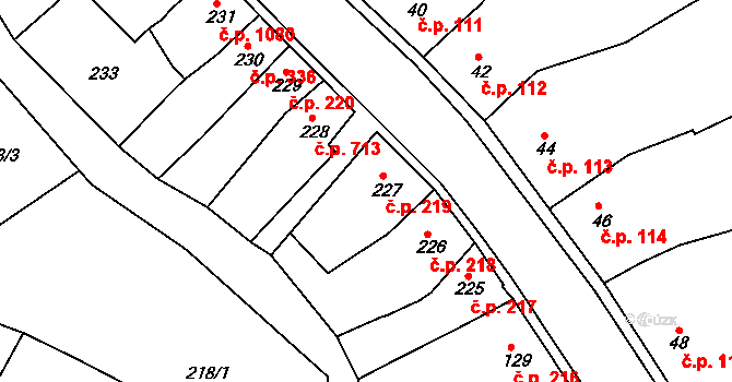 Šlapanice 219 na parcele st. 227 v KÚ Šlapanice u Brna, Katastrální mapa