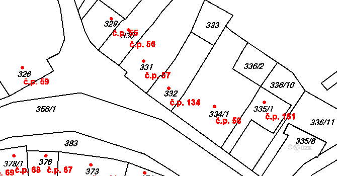 Horákov 134, Mokrá-Horákov na parcele st. 332 v KÚ Horákov, Katastrální mapa