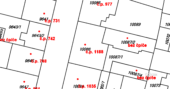 Jižní Předměstí 1188, Plzeň na parcele st. 10086 v KÚ Plzeň, Katastrální mapa