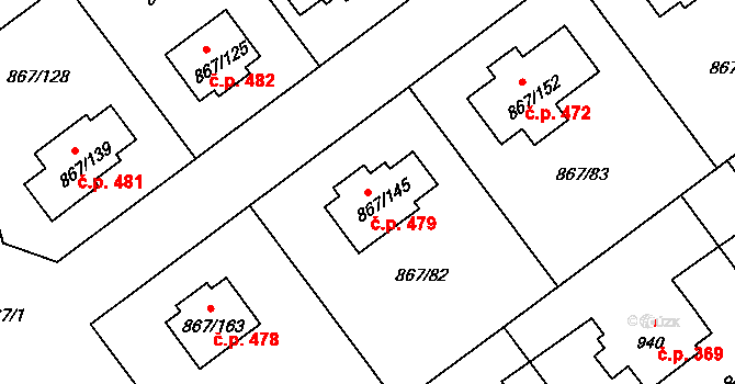 Hřebeč 479 na parcele st. 867/145 v KÚ Hřebeč, Katastrální mapa