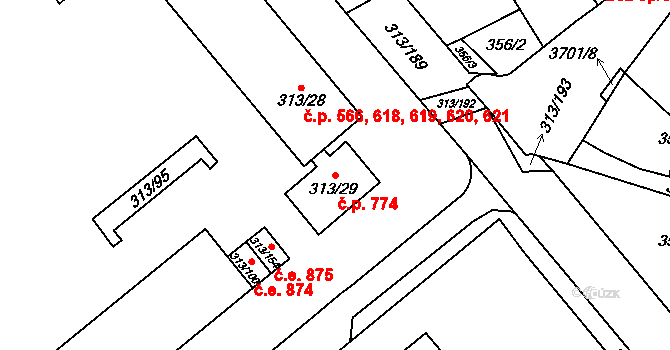 Vyškov-Předměstí 774, Vyškov na parcele st. 313/29 v KÚ Vyškov, Katastrální mapa