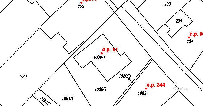 Dolní Loučky 17 na parcele st. 1080/1 v KÚ Dolní Loučky, Katastrální mapa
