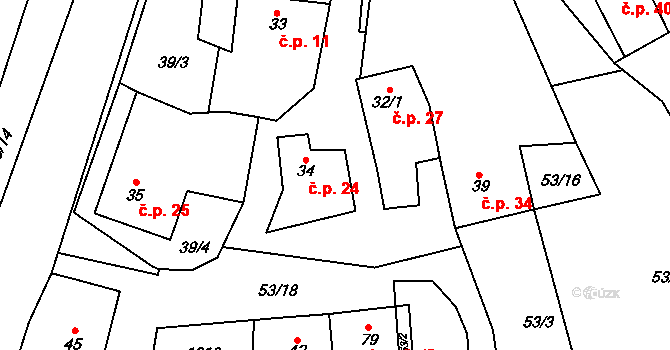 Kuřimské Jestřabí 24 na parcele st. 34 v KÚ Kuřimské Jestřabí, Katastrální mapa