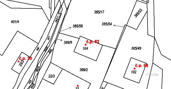 Unčín 62 na parcele st. 104 v KÚ Unčín, Katastrální mapa