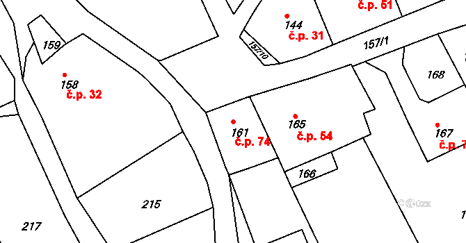 Lhotsko 74 na parcele st. 161 v KÚ Lhotsko, Katastrální mapa