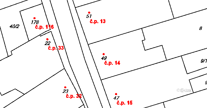 Kozlany 14 na parcele st. 49 v KÚ Kozlany u Vyškova, Katastrální mapa