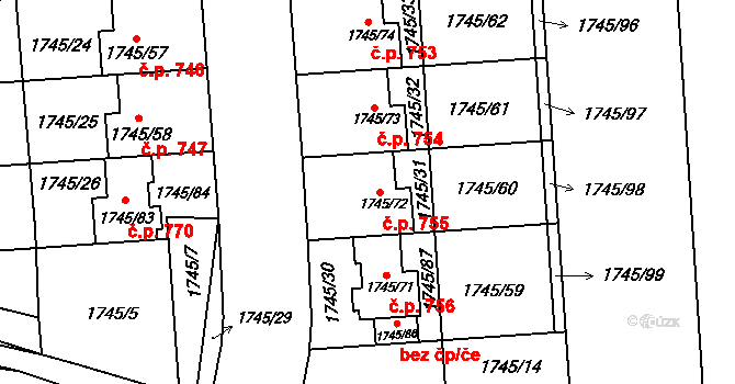 Starý Lískovec 755, Brno na parcele st. 1745/72 v KÚ Starý Lískovec, Katastrální mapa