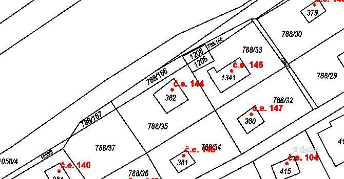 Nučice 144 na parcele st. 382 v KÚ Nučice u Rudné, Katastrální mapa
