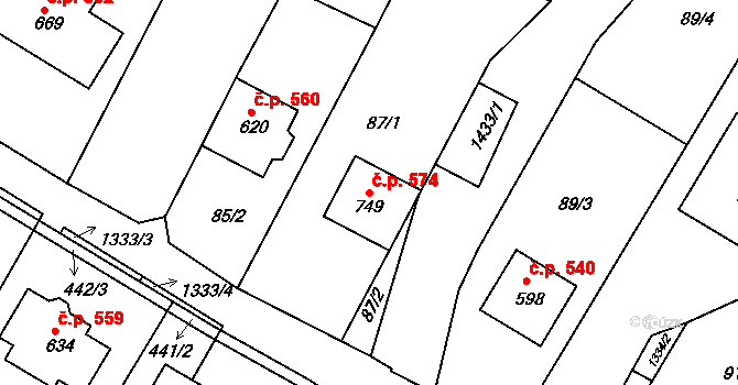 Smržice 574 na parcele st. 749 v KÚ Smržice, Katastrální mapa