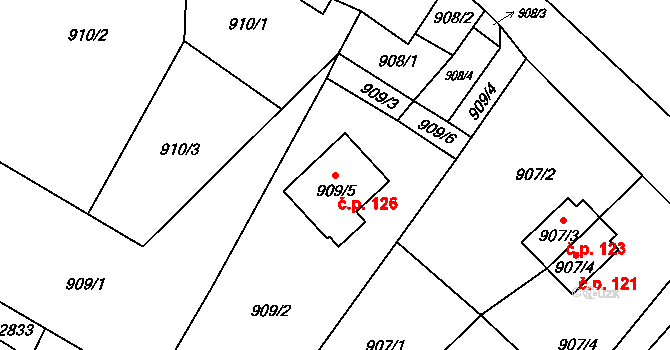 Sázavka 126 na parcele st. 909/5 v KÚ Sázavka, Katastrální mapa