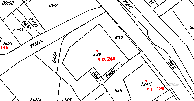 Dolní Radechová 240 na parcele st. 229 v KÚ Dolní Radechová, Katastrální mapa