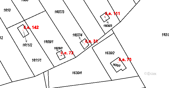 Černá Hora 31 na parcele st. 1607/4 v KÚ Černá Hora, Katastrální mapa