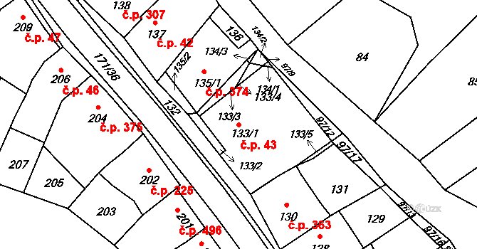 Koryčany 43 na parcele st. 133/1 v KÚ Koryčany, Katastrální mapa