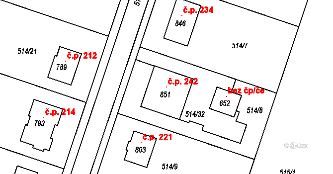 Míškovice 242 na parcele st. 851 v KÚ Míškovice, Katastrální mapa