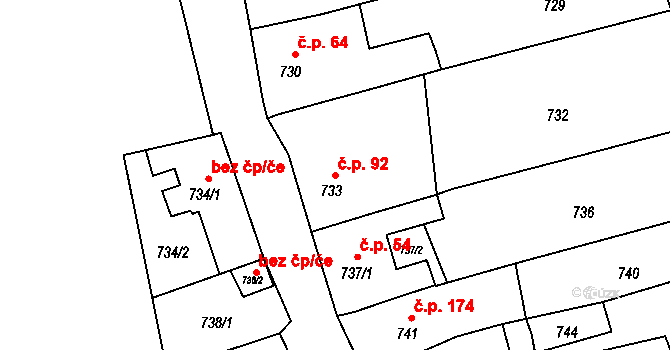 Přerov VII-Čekyně 92, Přerov na parcele st. 733 v KÚ Čekyně, Katastrální mapa
