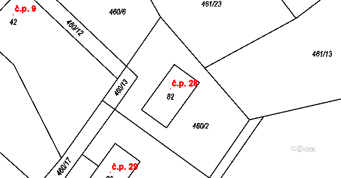 Radvančice 28, Zbraslavice na parcele st. 82 v KÚ Útěšenovice, Katastrální mapa