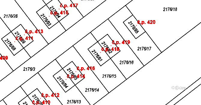Malešovice 418 na parcele st. 2176/91 v KÚ Malešovice, Katastrální mapa