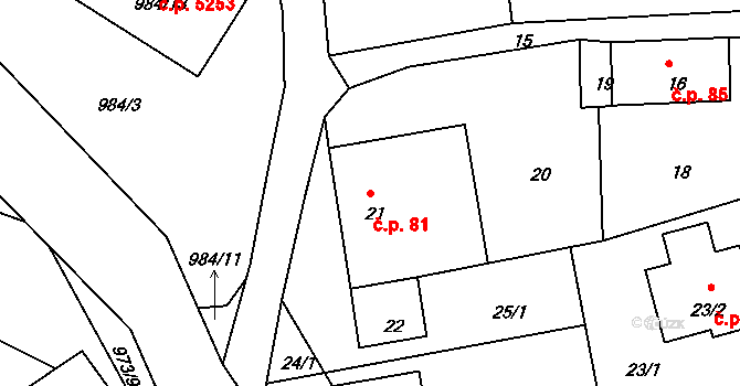 Rýnovice 81, Jablonec nad Nisou na parcele st. 21 v KÚ Rýnovice, Katastrální mapa