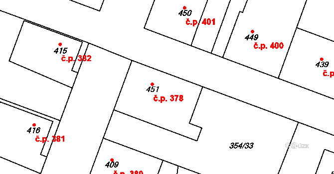 Rožďalovice 378 na parcele st. 451 v KÚ Rožďalovice, Katastrální mapa
