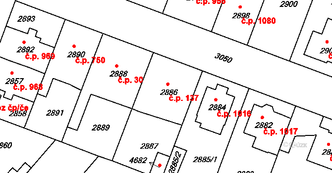 Čelákovice 137 na parcele st. 2886 v KÚ Čelákovice, Katastrální mapa