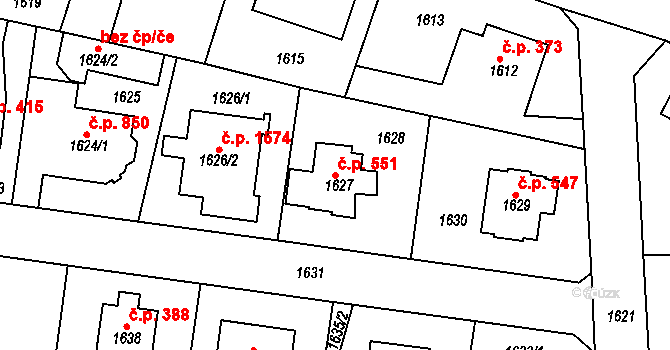 Roztoky 551 na parcele st. 1627 v KÚ Roztoky u Prahy, Katastrální mapa