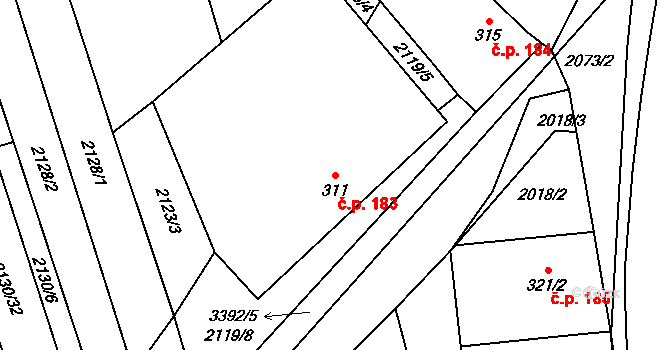Hrubá Vrbka 183 na parcele st. 311 v KÚ Hrubá Vrbka, Katastrální mapa
