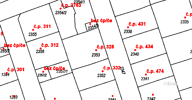 Kročehlavy 328, Kladno na parcele st. 2353 v KÚ Kročehlavy, Katastrální mapa