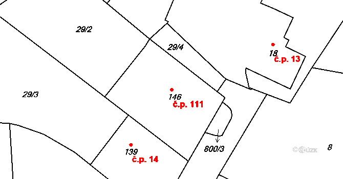 Sendražice 111 na parcele st. 146 v KÚ Sendražice u Smiřic, Katastrální mapa