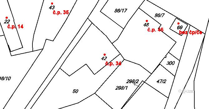 Trnava 34, Boharyně na parcele st. 42 v KÚ Trnava, Katastrální mapa