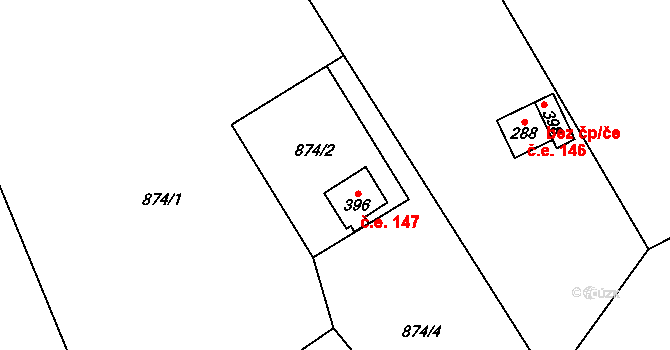 Chvalčov 147 na parcele st. 396 v KÚ Chvalčov, Katastrální mapa