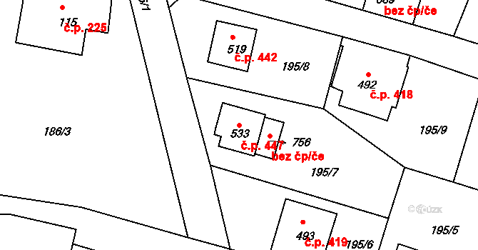 Dolní Podluží 447 na parcele st. 533 v KÚ Dolní Podluží, Katastrální mapa