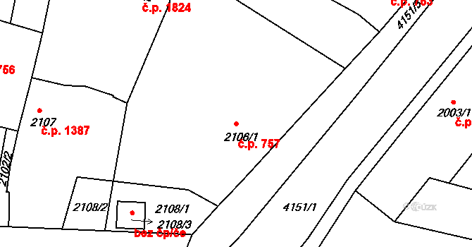 Roudnice nad Labem 757 na parcele st. 2106/1 v KÚ Roudnice nad Labem, Katastrální mapa