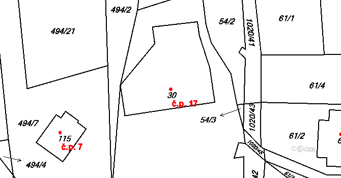 Kameničná 17 na parcele st. 30 v KÚ Kameničná, Katastrální mapa