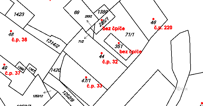 Krchleby 32 na parcele st. 44 v KÚ Krchleby u Nymburka, Katastrální mapa